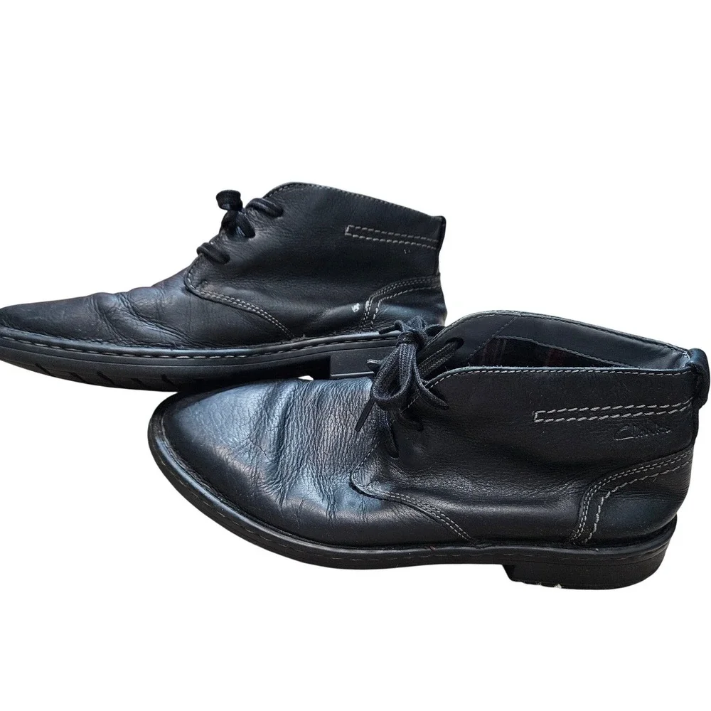 Clarks Collection Men Black Leather Chukka Boots Plaid Lining Ortholite Size 9.5